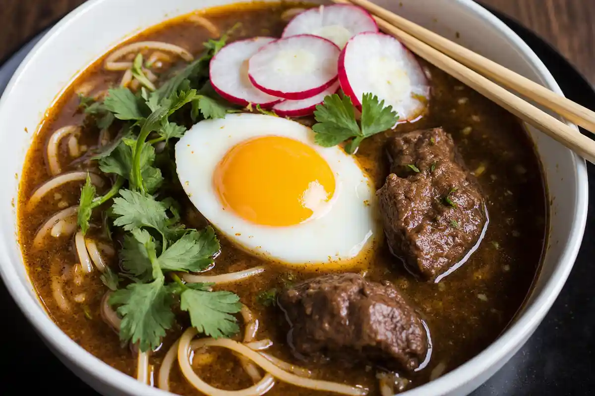 delicious bowl from a birria ramen recipe, with tender beef, a soft-boiled egg, and fresh toppings.
