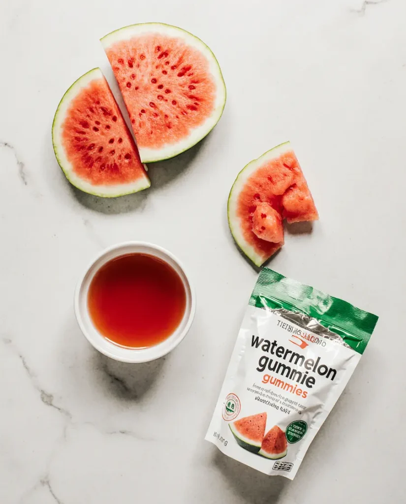 watermelon-gummies-recipe-ingredients Ingredients for the healthy watermelon gummies recipe laid out on a clean surface.