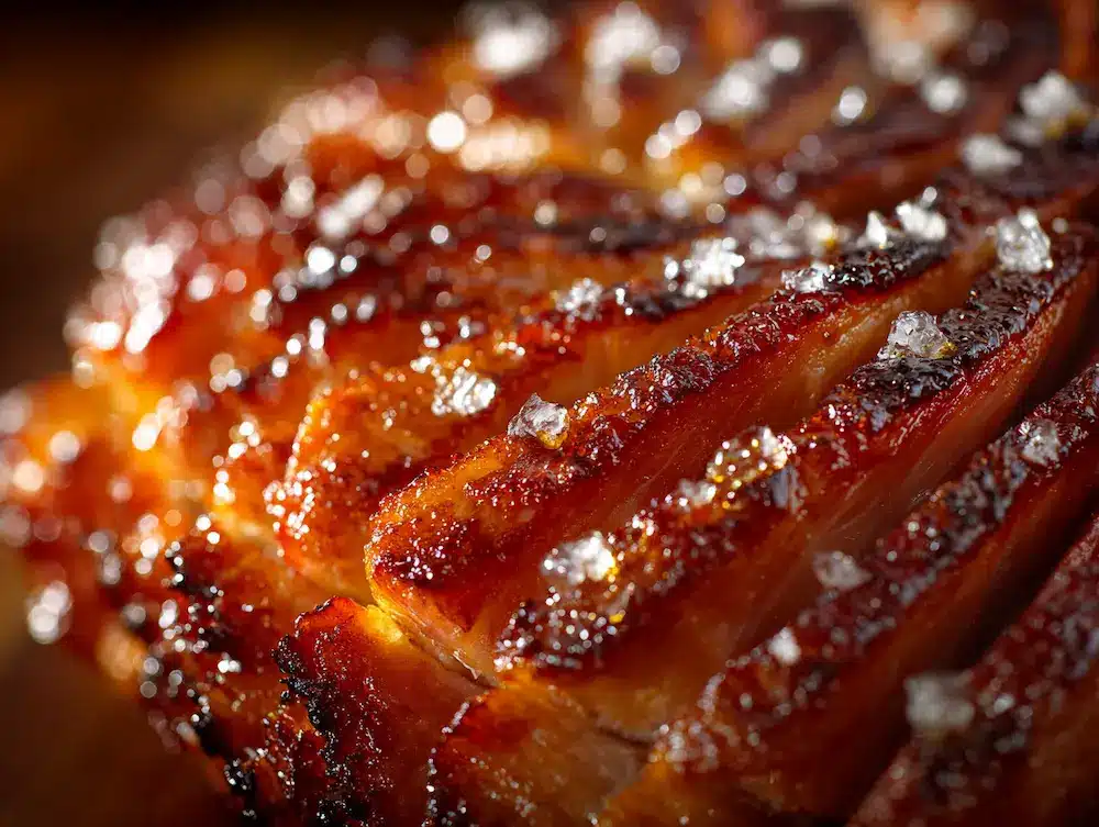Brushing honey glaze between spiral cut ham slices with pastry brush