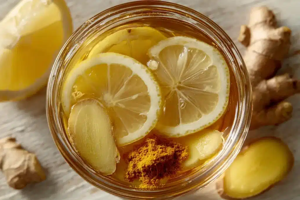 Canaan-Honey-Trick-Ingredients zoomed flat lay of canaan honey trick ingredients honey lemon ginger turmeric cinnamon