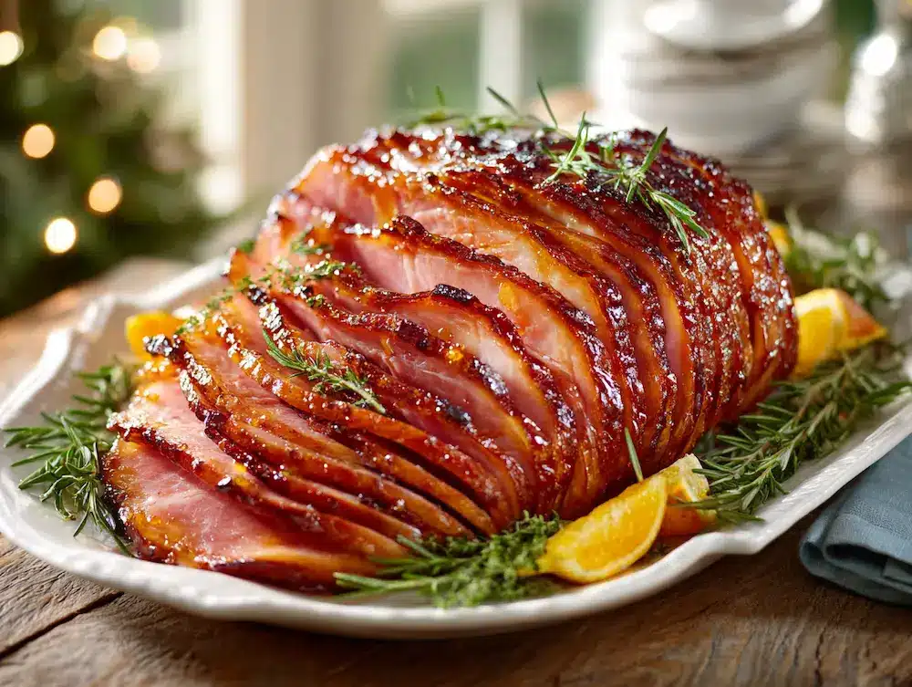 Close up of caramelized honey glazed ham with sticky brown sugar coating