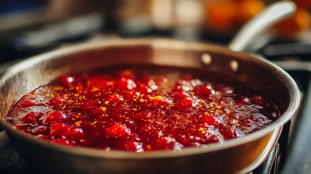 Simmering cranberry orange glaze being prepared for Cranberry Orange Glazed Turkey