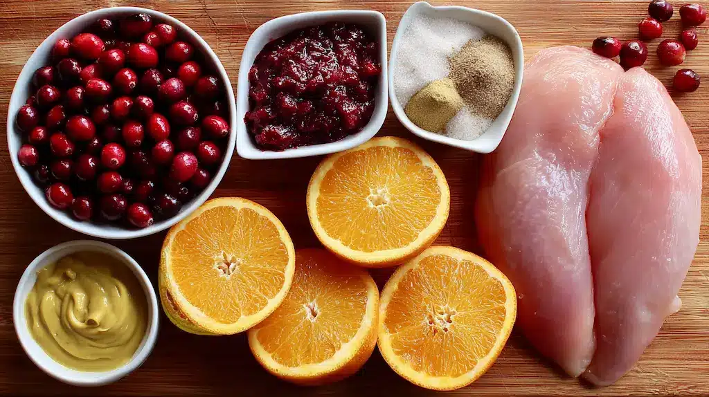 Ingredients for Cranberry Orange Glazed Turkey including cranberries, orange slices, and spices
