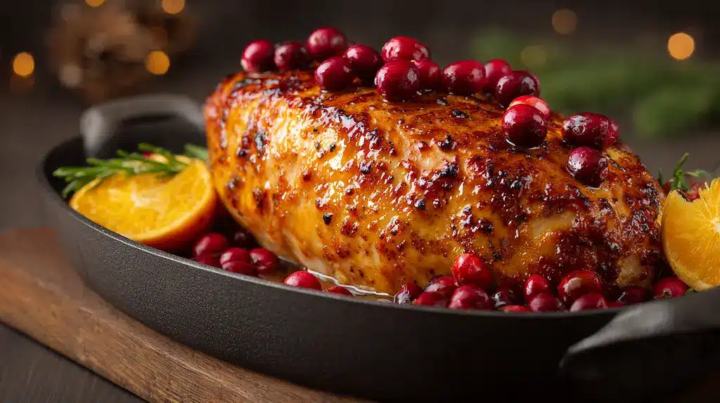 Beautifully roasted cranberry orange glazed turkey breast fresh from the oven
