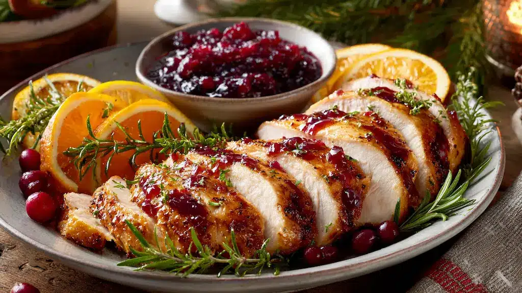 Sliced cranberry orange glazed turkey breast served with festive sides and sauce