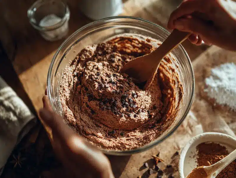 Gingerbread Brownies: A Delightful Blend of Spice and Sweetness 26 Hand mixing gingerbread brownie batter in a bowl with visible spices and chocolate chips ready for baking