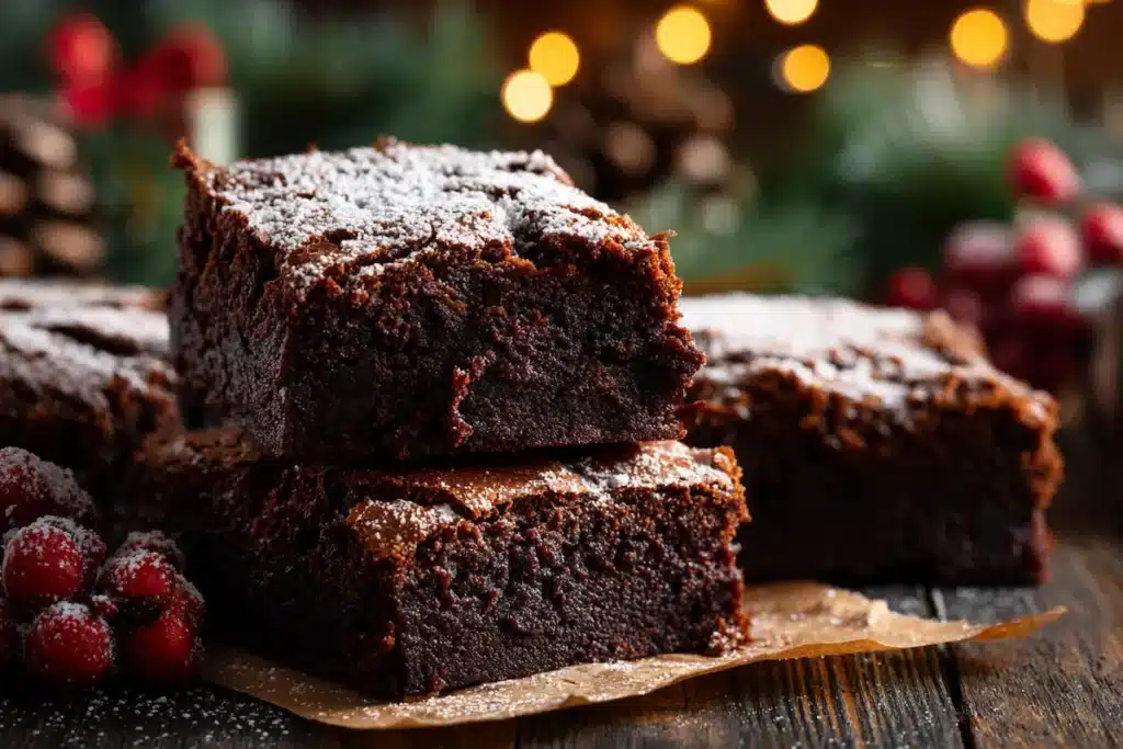 Close-up of fudgy gingerbread brownies with a dusting of powdered sugar and festive holiday decorations