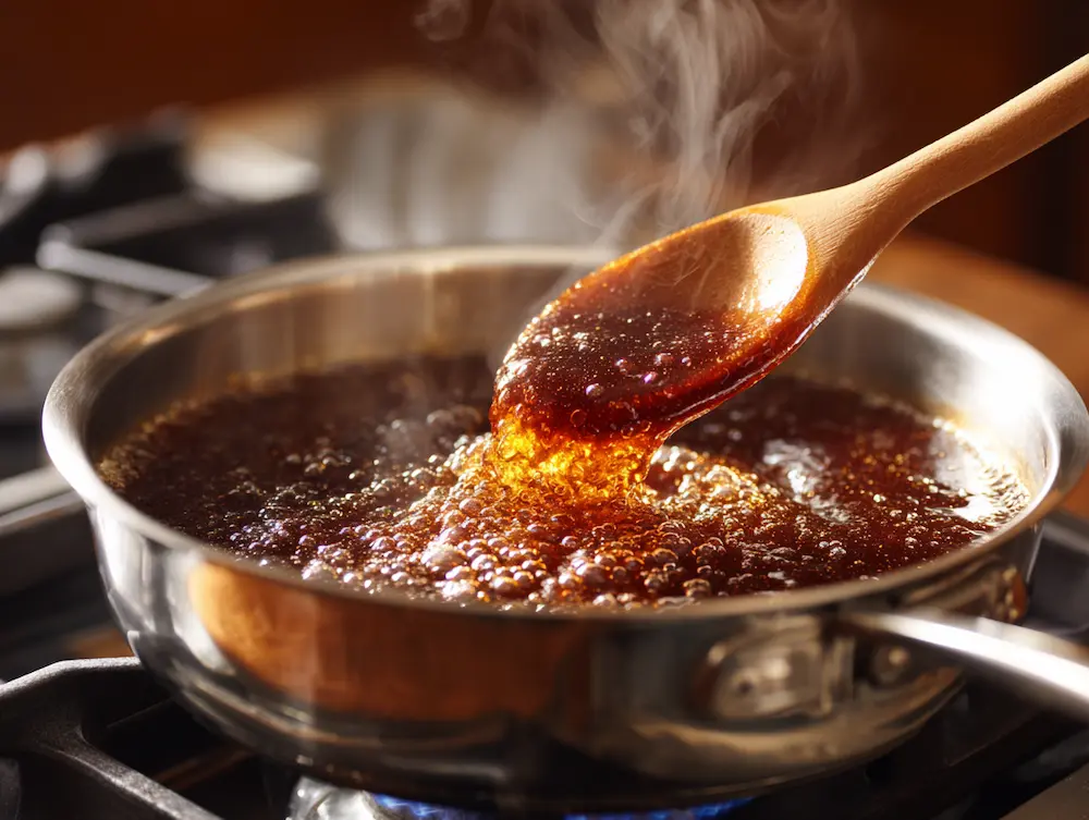 Honey brown sugar glaze simmering in saucepan for glazed ham recipe