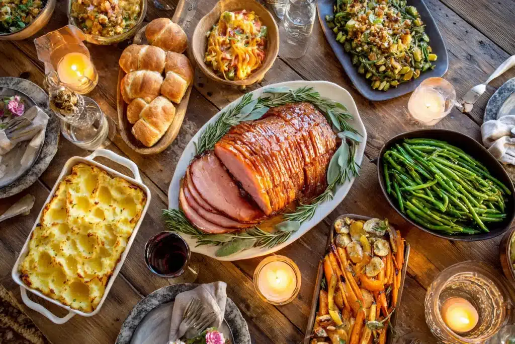 Sliced honey glazed ham with brown sugar glaze served on platter for holiday dinner