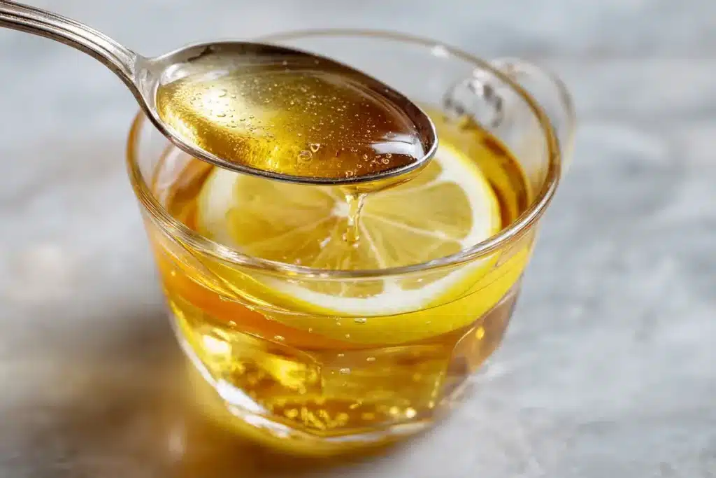 Stirring-the-Canaan-Honey-Trick spoon stirring honey into canaan honey trick drink in clear glass on light surface