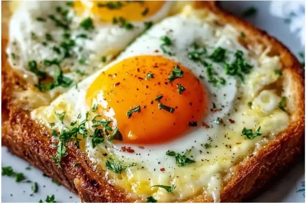 Egg Cheese Toast: The Ultimate Air Fryer Breakfast 1 Air fryer egg and cheese toast served on a plate with herbs