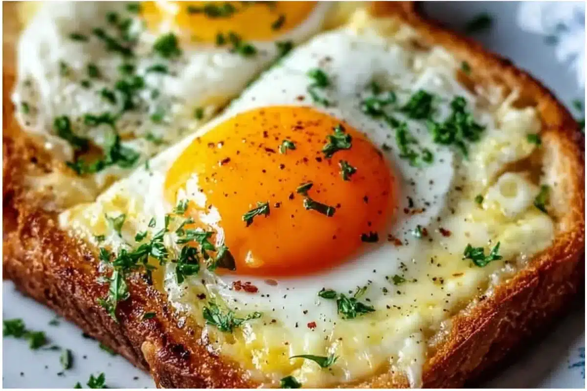 Air fryer egg and cheese toast served on a plate with herbs