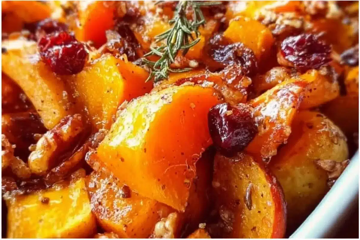 Delicious autumn butternut squash apple bake garnished with herbs