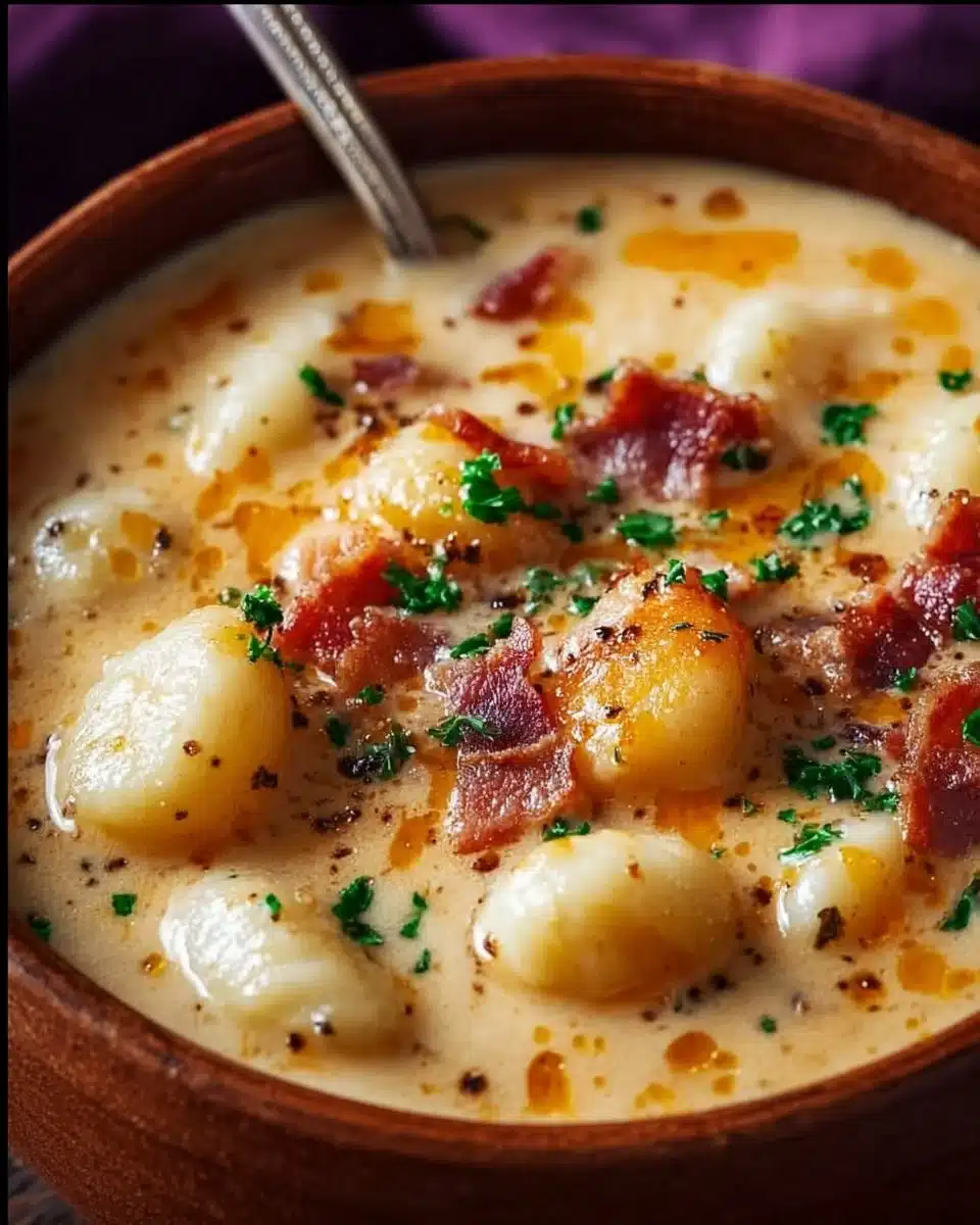 Bowl of rich and creamy bacon cheddar gnocchi soup garnished with herbs.
