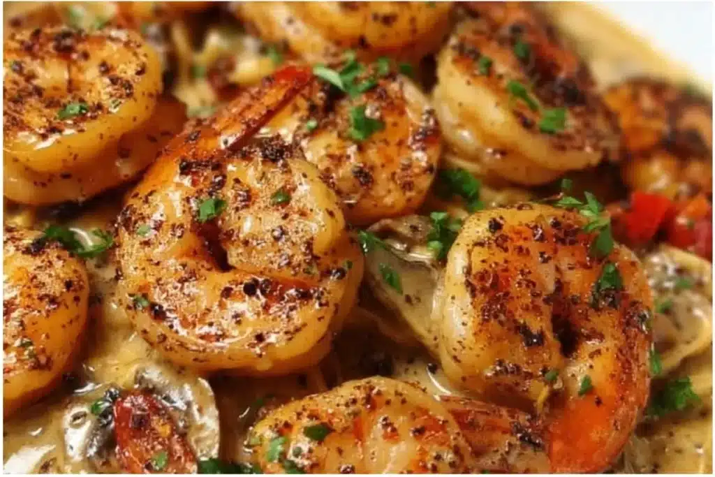 Blackened Shrimp Stroganoff: A Bold Take on a Classic Dish 1 Blackened shrimp stroganoff served in a creamy sauce over pasta