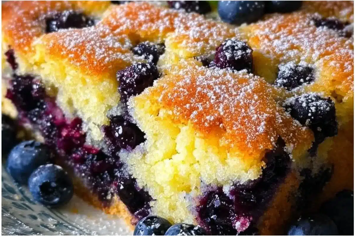 Homemade blueberry breakfast cake topped with fresh blueberries and a sprinkle of sugar