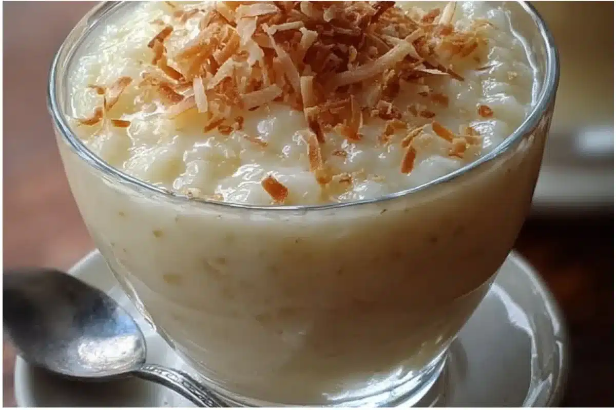 Delicious Brazilian coconut pudding topped with shredded coconut