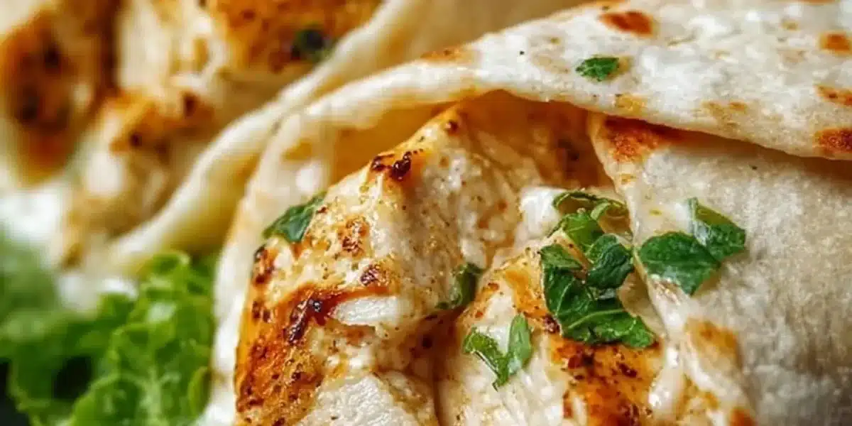 Cheesy garlic chicken wraps served with fresh ingredients and herbs.