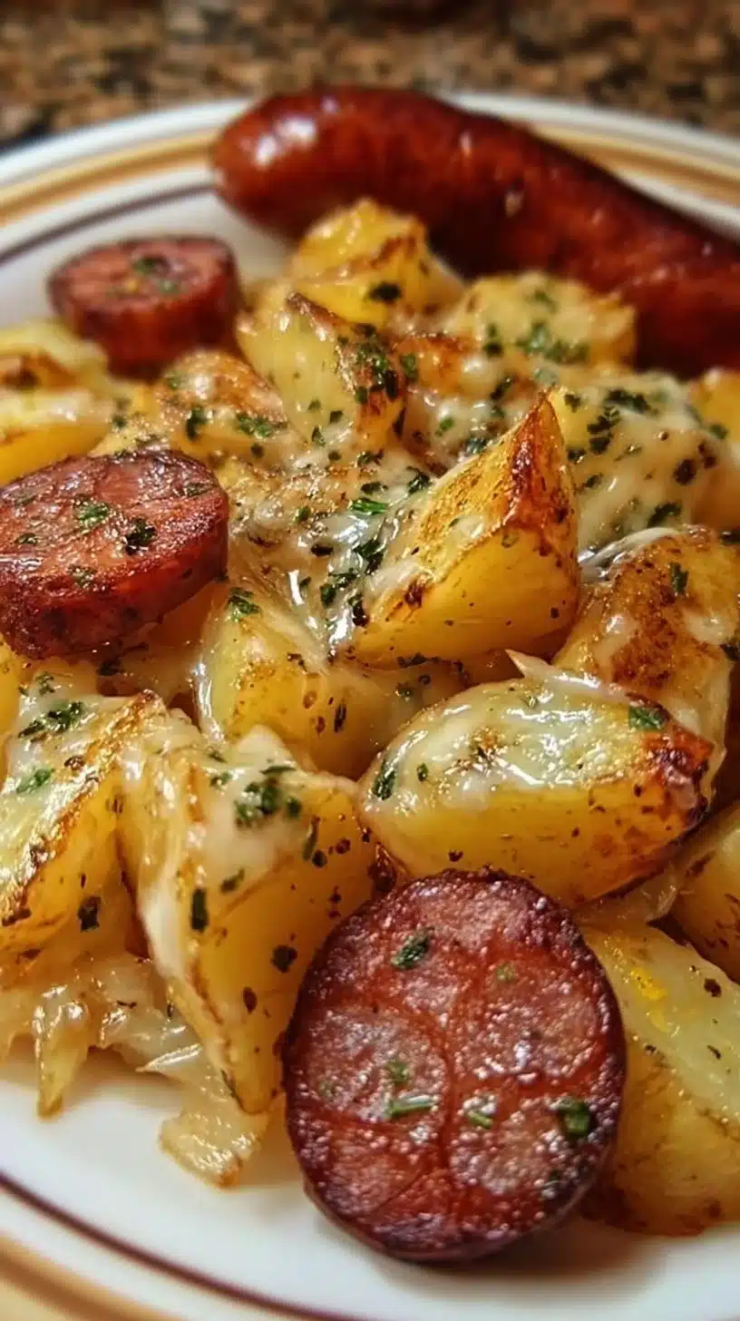 Delicious plate of cheesy ranch potatoes with smoked sausage garnish