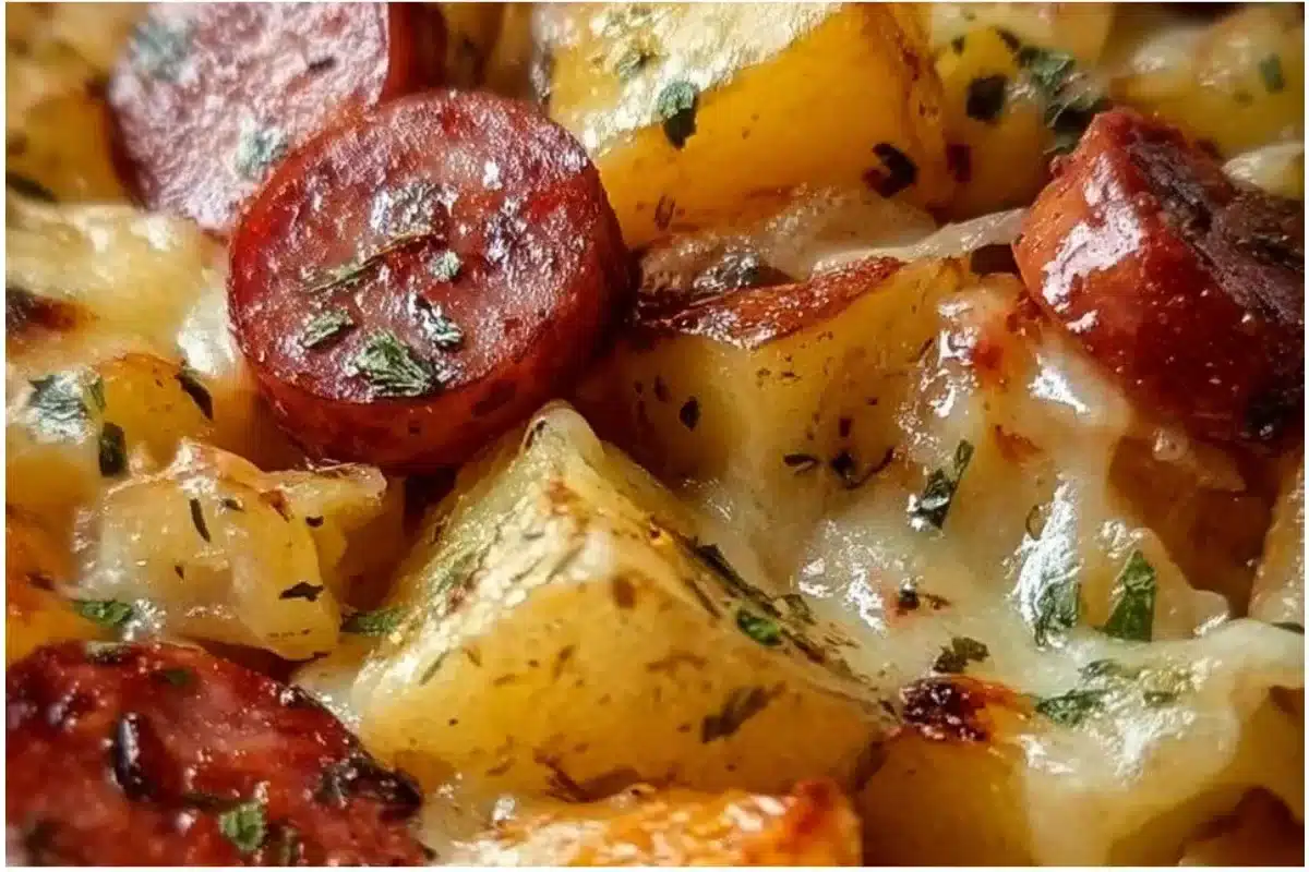 Creamy cheesy ranch potatoes served with smoked sausage on a plate
