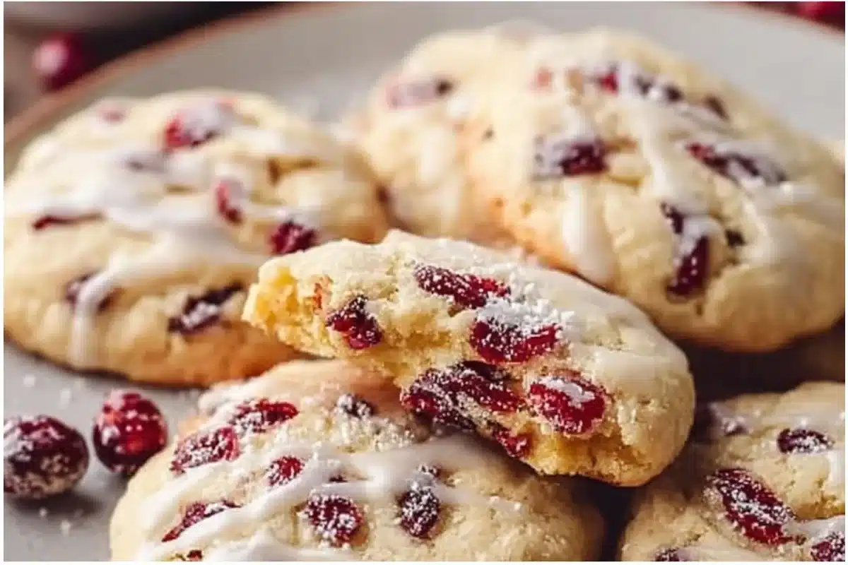 Chewy Christmas cranberry orange cookies on a festive platter