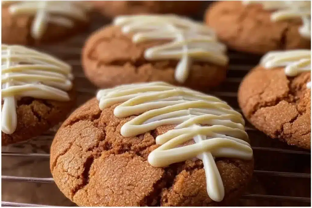 Chewy maple cinnamon cookies with white chocolate chunks on a plate