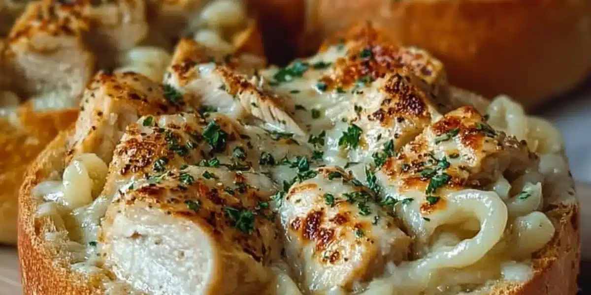 Delicious Chicken Alfredo Garlic Bread Bowl filled with creamy chicken and pasta.