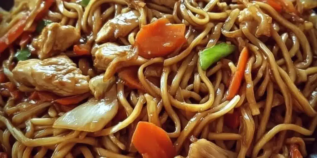 Delicious Chicken Lo Mein served in a bowl with fresh vegetables and noodles.