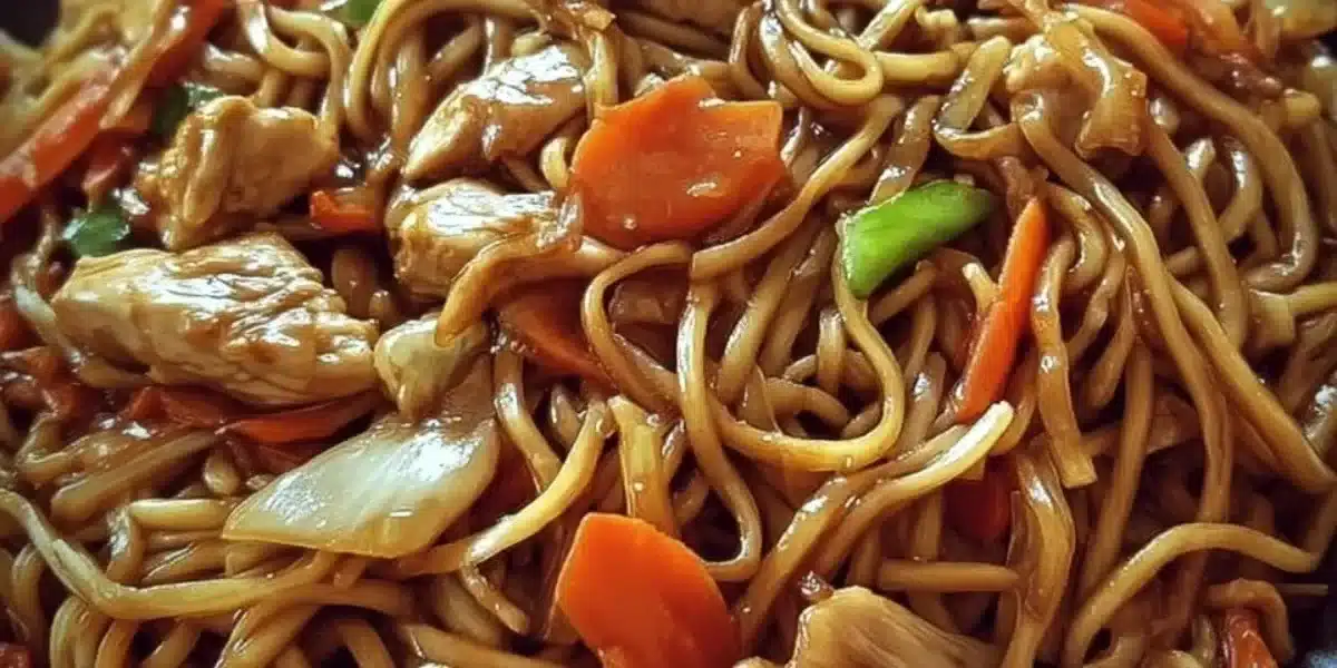 Delicious Chicken Lo Mein served in a bowl with fresh vegetables and noodles.