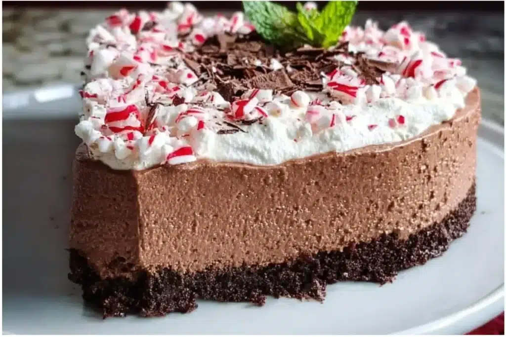 Chocolate Peppermint Mousse Pie: A Delectable Holiday Indulgence 19 Chocolate Peppermint Mousse Pie garnished with mint leaves and chocolate shavings