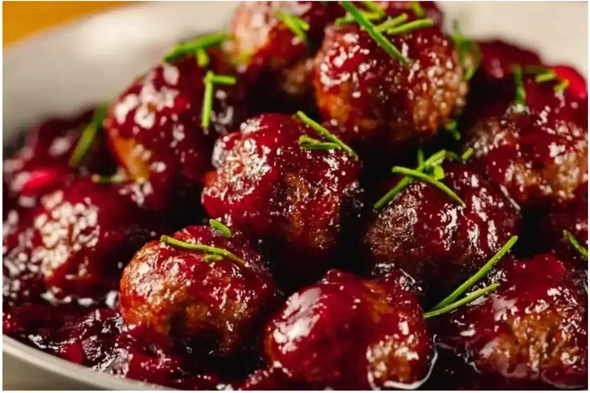 Plate of Christmas Cranberry Meatballs garnished with fresh herbs