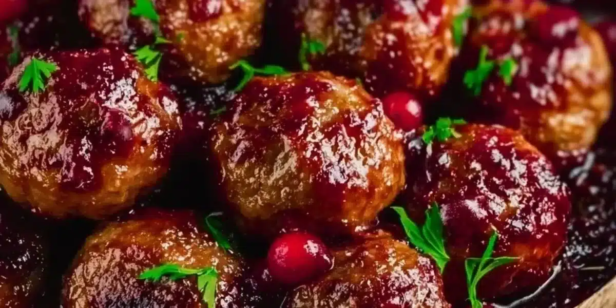 Delicious Christmas cranberry meatballs served on a festive platter