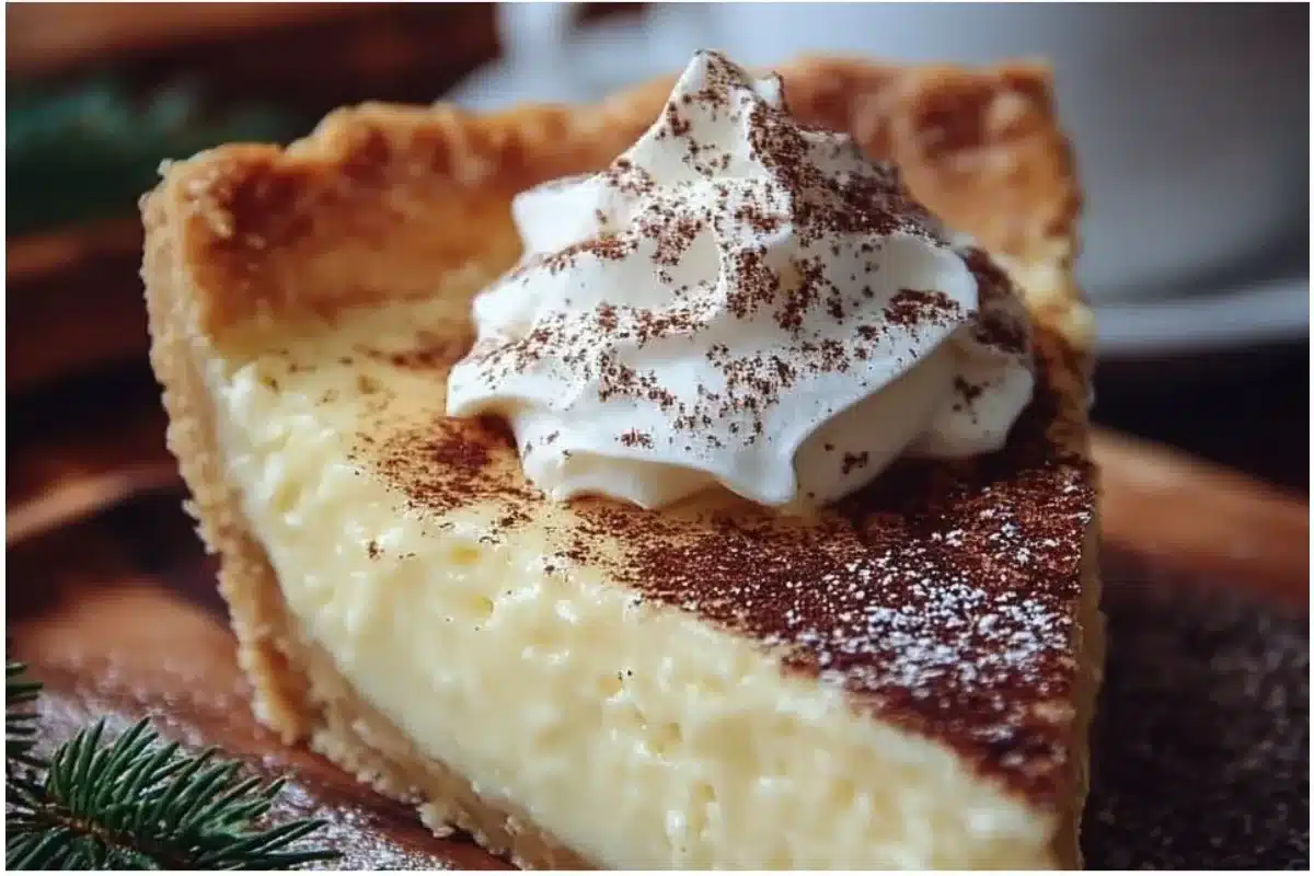 Delicious Cinnamon-Vanilla Custard Pie served on a festive table for Christmas Eve.