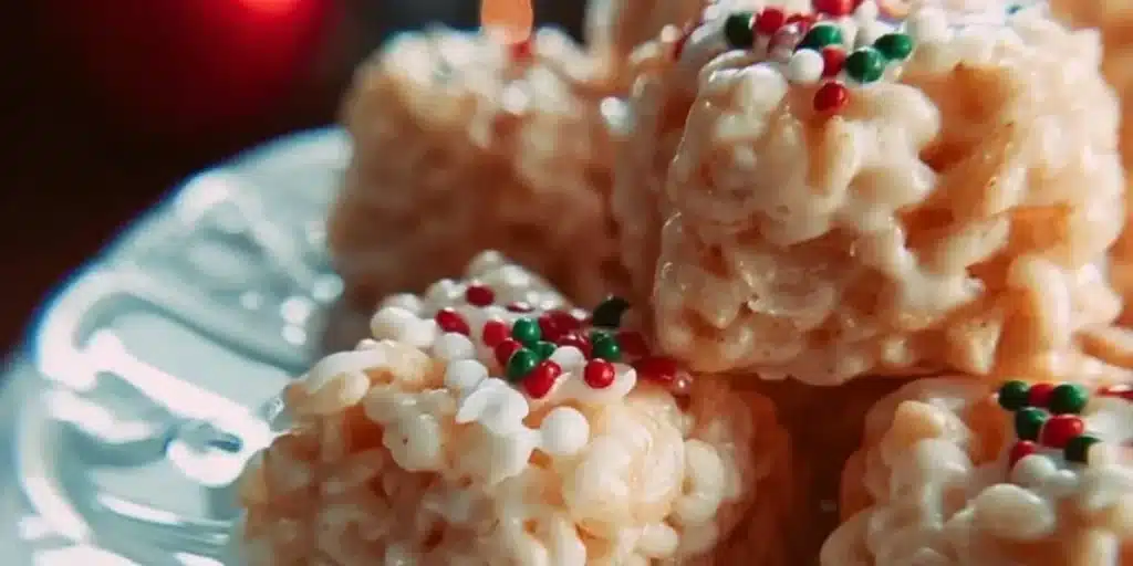 Festive Christmas Rice Crispy Treats decorated for the holiday season