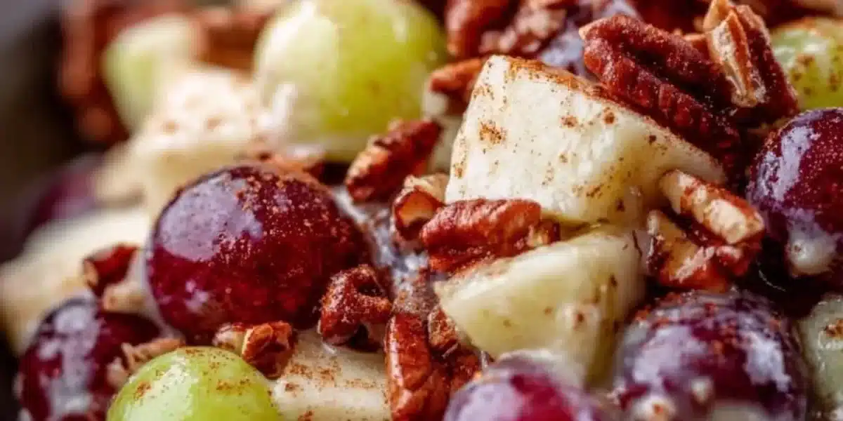 Cinnamon Apple Grape Salad served in a bowl with cinnamon sticks and fresh fruit.
