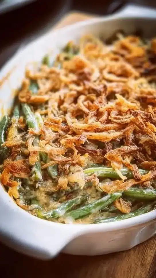 Classic Campbell's Green Bean Casserole served in a dish
