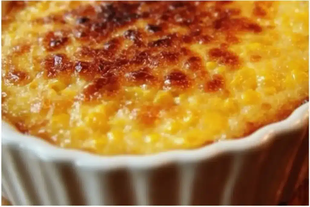 Delicious homemade corn pudding served in a dish.