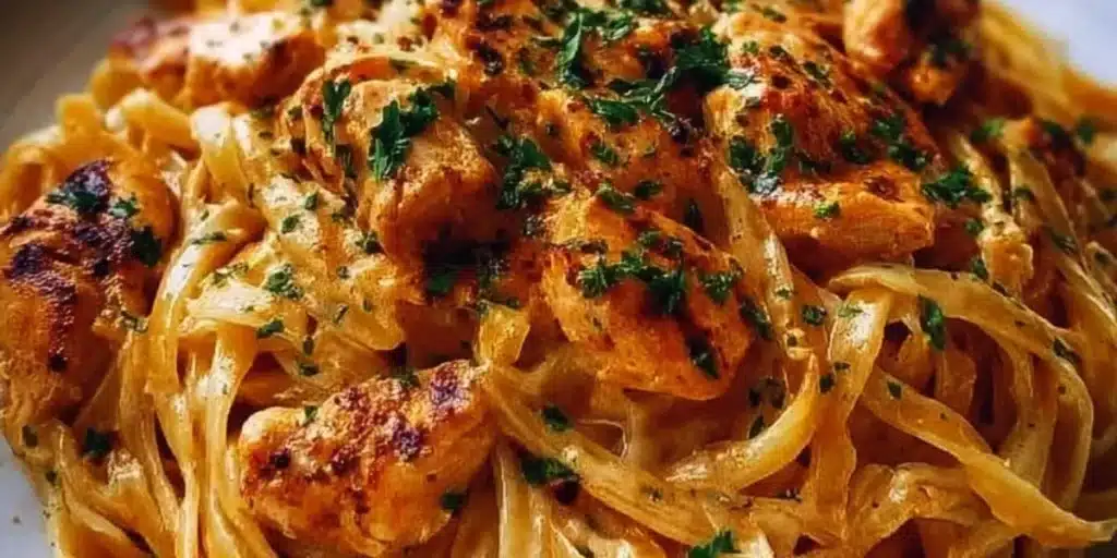 Delicious Cowboy Butter Chicken Linguine garnished with fresh herbs and spices.