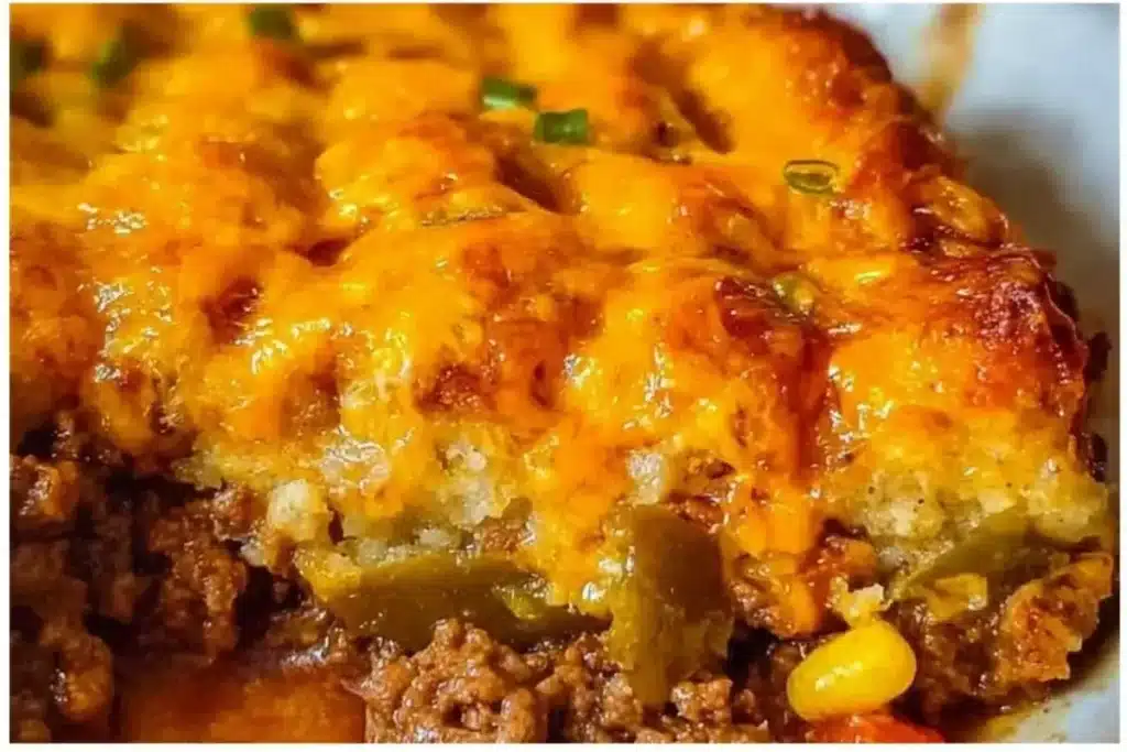 Delicious Cowboy Casserole served in a rustic dish, featuring ground beef and cheese