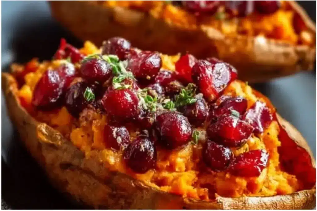Cranberry apple twice-baked sweet potatoes topped with herbs and spices