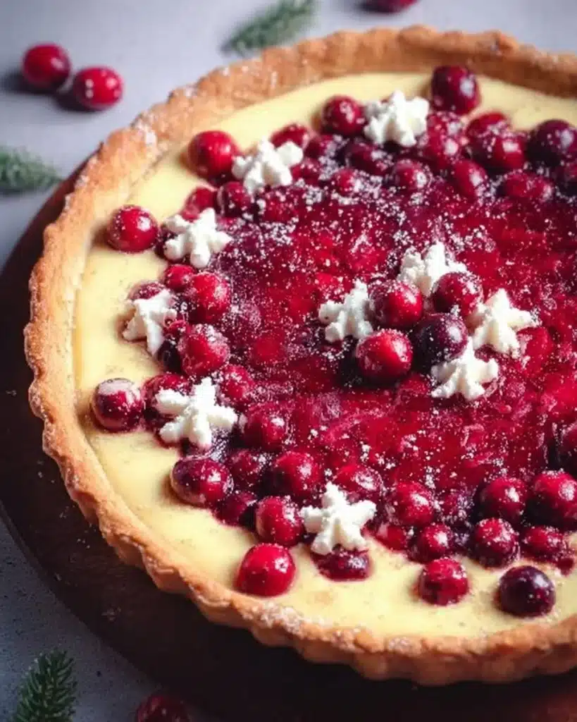 Delicious cranberry custard pie served on a rustic wooden table
