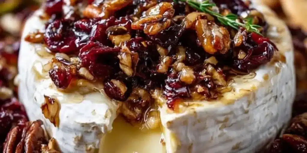 Cranberry Pecan Baked Brie – A Perfect Appetizer 1 Cranberry Pecan Baked Brie topped with nuts and fruit in a serving dish