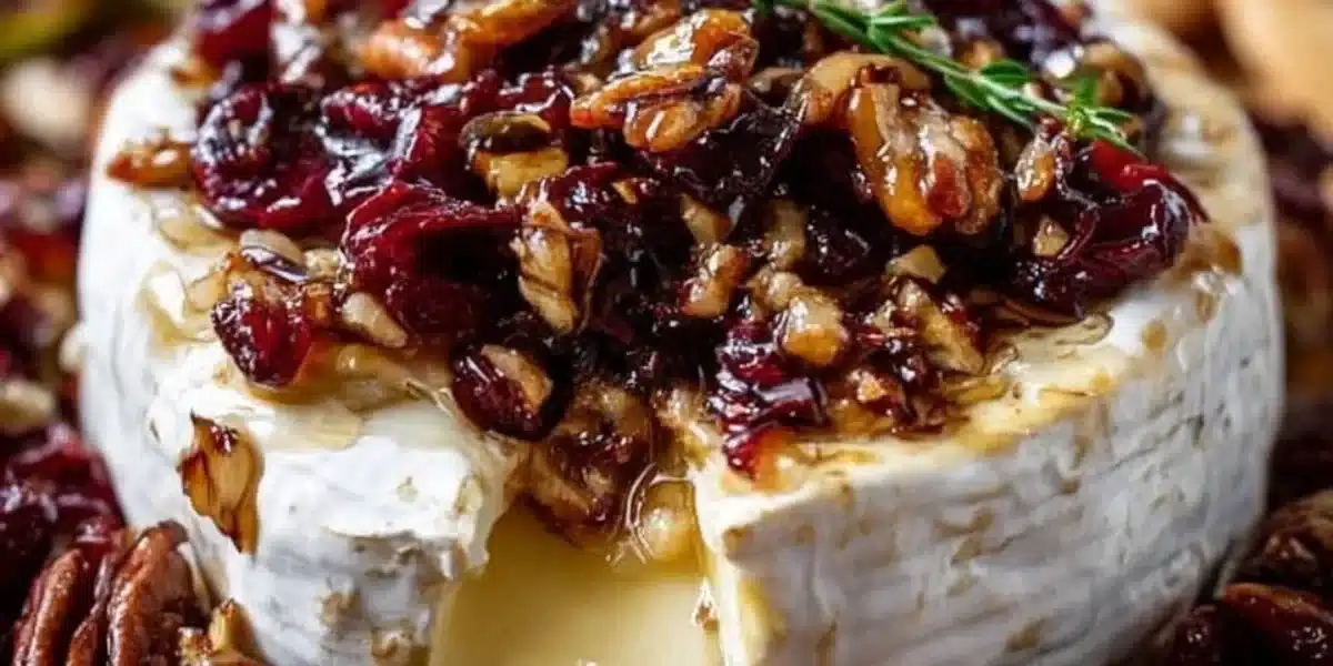 Cranberry Pecan Baked Brie topped with nuts and fruit in a serving dish