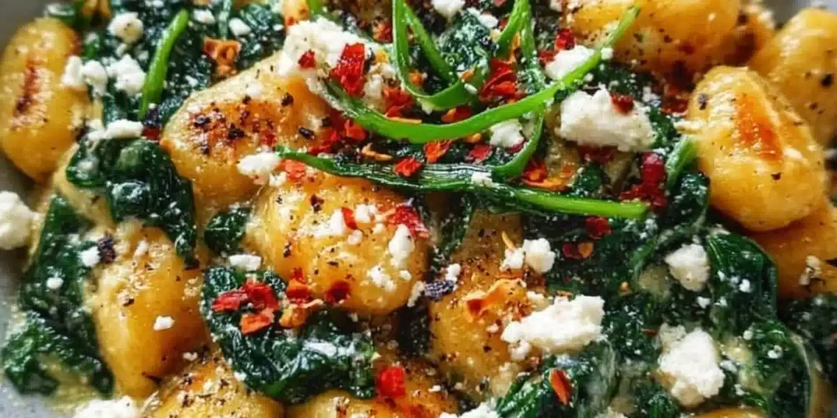Plate of creamy gnocchi with spinach and feta cheese garnish