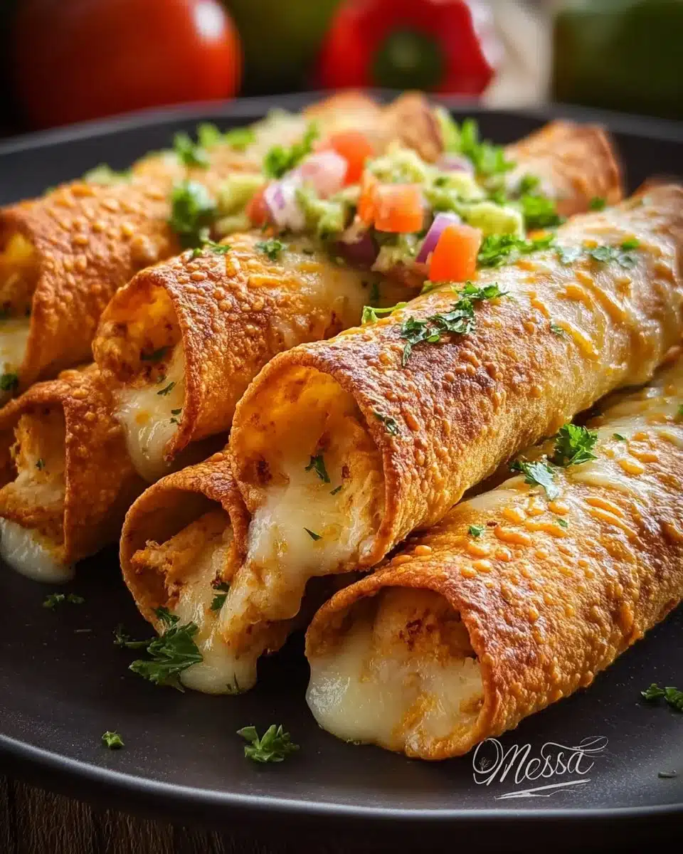 Delicious crispy chicken taquitos served with salsa and guacamole