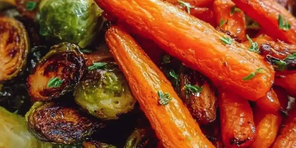 Crispy maple glazed carrots and Brussels sprouts served in a bowl.