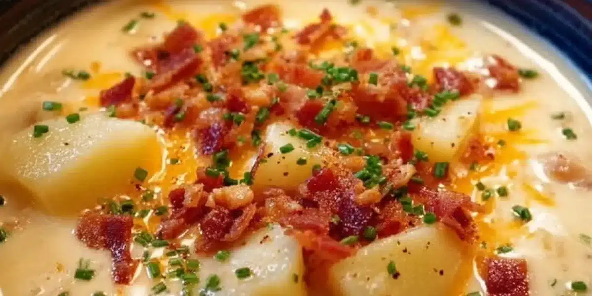 Bowl of creamy crock pot crack potato soup topped with green onions and bacon
