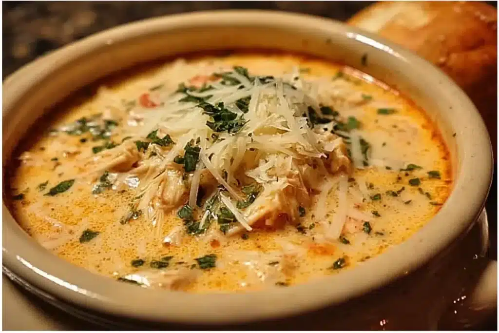 Bowl of creamy Chicken Parmesan Soup made in a crock pot, garnished with parsley.