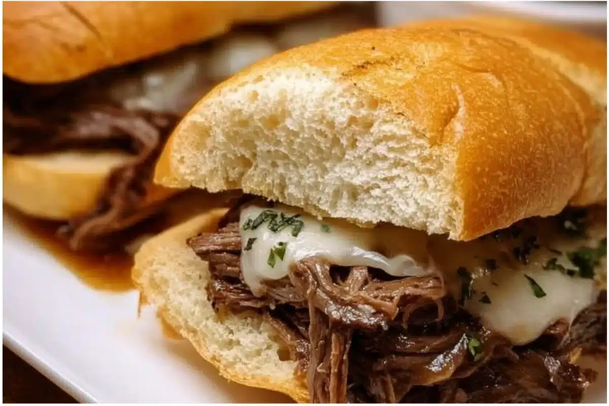 Delicious Crockpot French dip sandwiches with savory beef and melted cheese