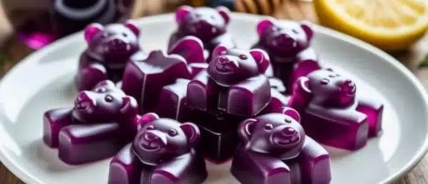 A bowl of homemade elderberry gummies, showcasing their vibrant color and texture.